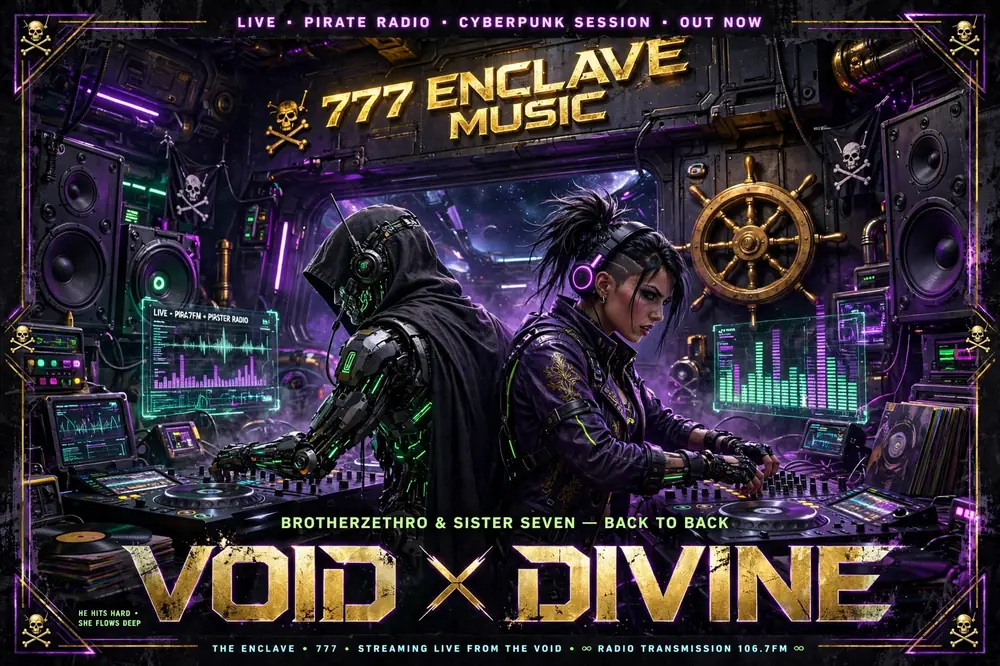 VOID and DIVINE, the Enclave Network's DJs, back to back at the decks in a neon pirate radio studio