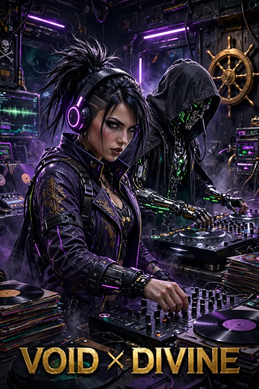 VOID × DIVINE poster: DIVINE at the mixer in glowing purple headphones, VOID at the second deck behind her, in the neon pirate radio studio