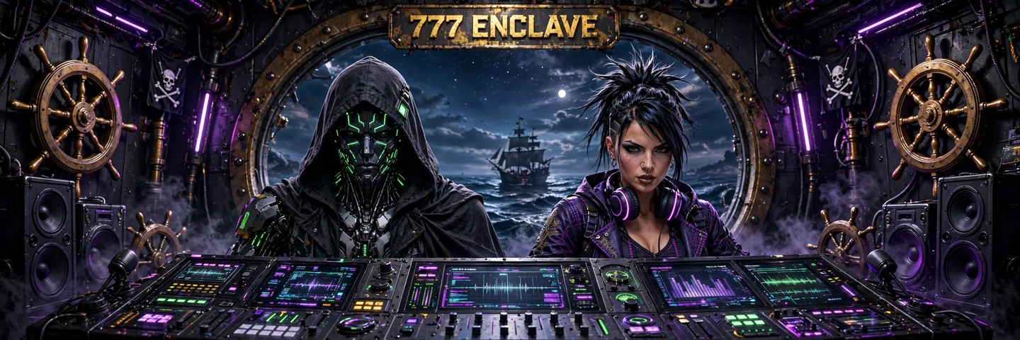 VOID and DIVINE, the Enclave Network's DJs, behind the broadcast console in their neon pirate radio studio, a tall ship on the night sea through the porthole behind them